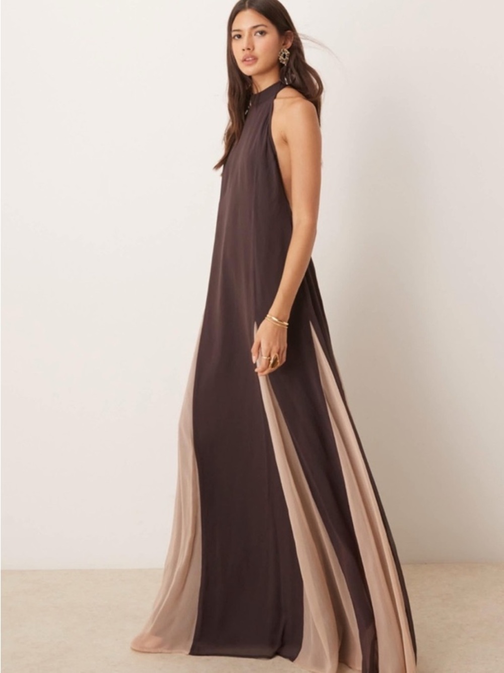 Women ASOS design high neck chiffon maxi dress with contrast godet skirt in brow